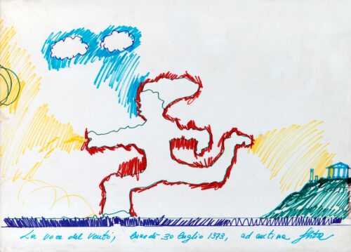 1979 lunedì 30 luglio<br> La voce del vento, dedicato ad Anitina<br> pennarelli su carta<br> cm 50x70