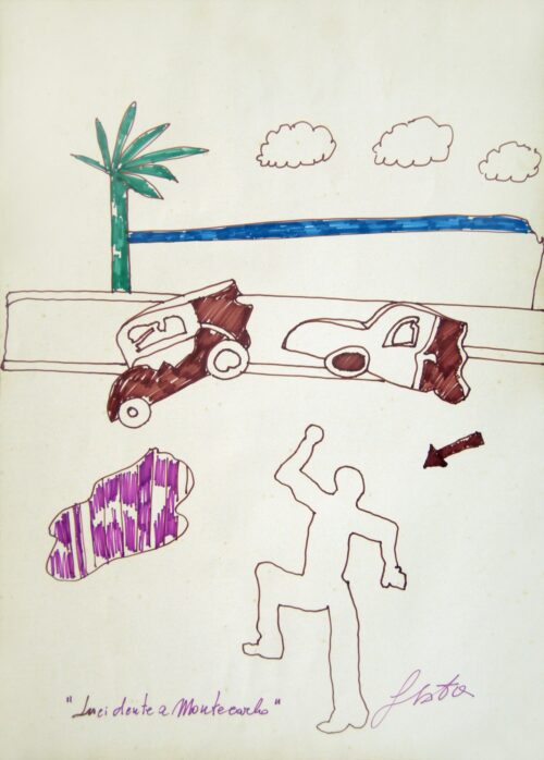 1981<br>Incidente a Montecarlo<br>pennarelli su carta<br>cm 70x50