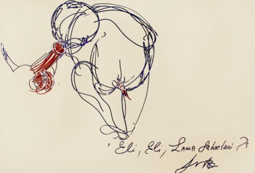 1981 (n.d.)<br>Eli, Eli, Lama Labactani<br>tecnica mista su carta<br>cm 70x100