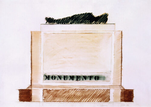 1962<br>Monumento a Leonardo<br> grafite e pastelli acquarellati su carta<br>cm 50x70
