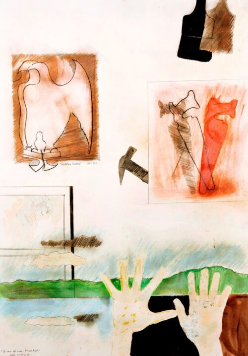 1964 novembre<br>Gli amici del cuore, Franco Angeli<br>grafite, pennarello, pastelli acquarellati su carta<br>cm 70x100