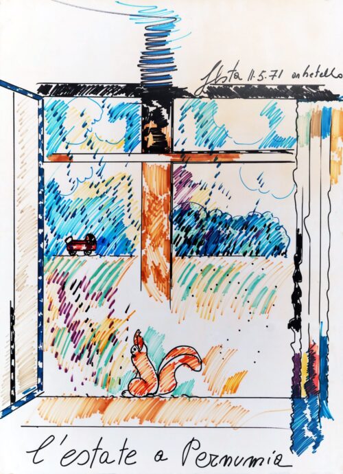 1971 11-5, Orbetello<br>L'estate a Pernumia<br>pennarelli su carta<br>cm 100x70