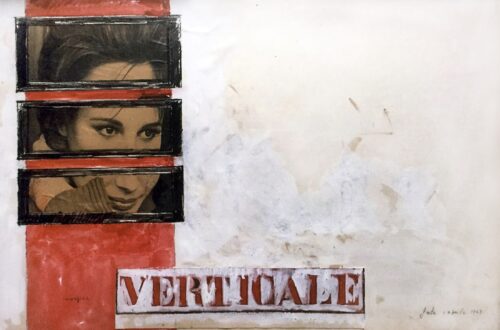 1963 1 aprile<br>Verticale<br>collage fotografico, tempera, pastelli su carta<br>cm 50x70
