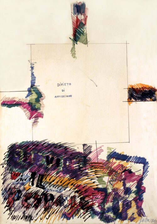 1970<br>Divieto di affissione<br> pennarelli su carta<br>cm 100x70